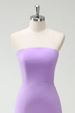 Purple A Line Strapless Lace Up Back Ruffled Long Bridesmaid Dress with Ruffled Slit