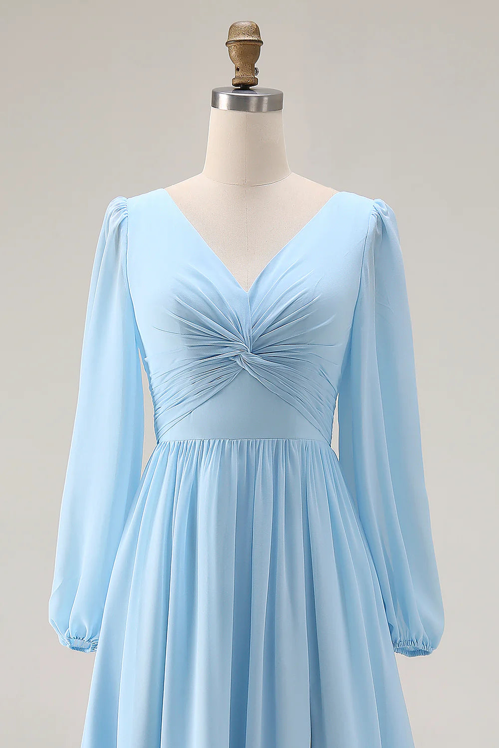 Sky Blue Ruched A Line V Neck Long Sleeve Bridesmaid Dress with Slit