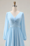 Sky Blue Ruched A Line V Neck Long Sleeve Bridesmaid Dress with Slit