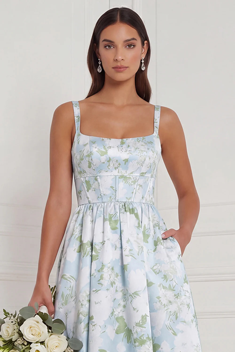 Blue White Floral Printed Corset Square Neck A Line Bridesmaid Dress