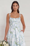 Blue White Floral Printed Corset Square Neck A Line Bridesmaid Dress