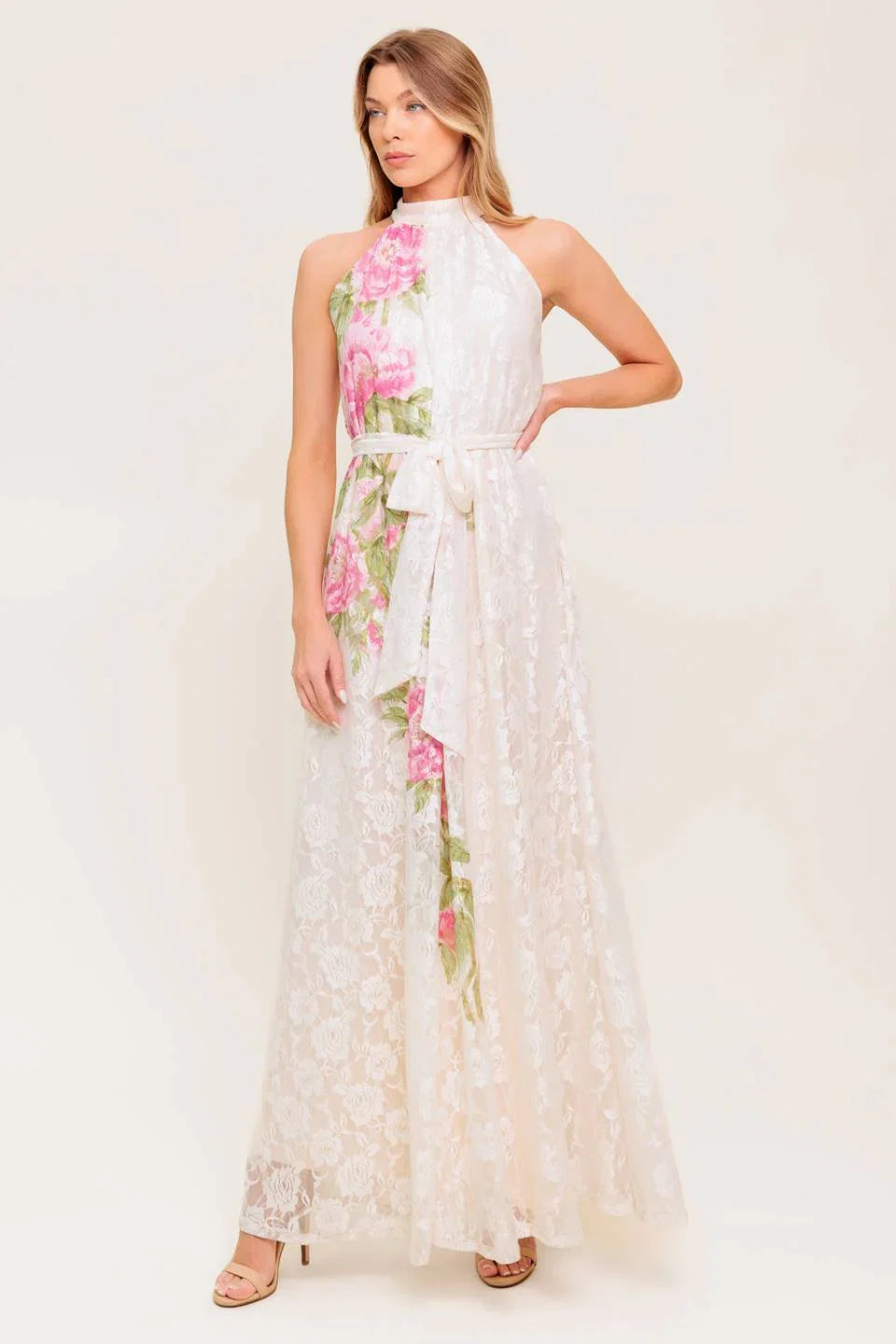 ROSE GARDEN IVORY LACE HALTER MAXI DRESS