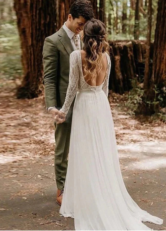 Beach Gorgeous Lace A Line Appliqued Open Back Wedding Dress With Long Sleeves