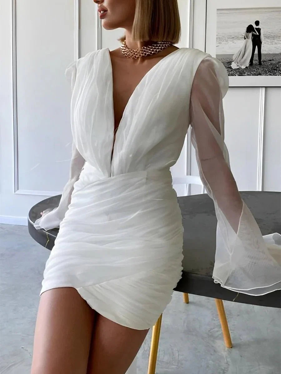 Sheath V Neck Long Sleeves Short Mini Tulle Little White Wedding Dresses