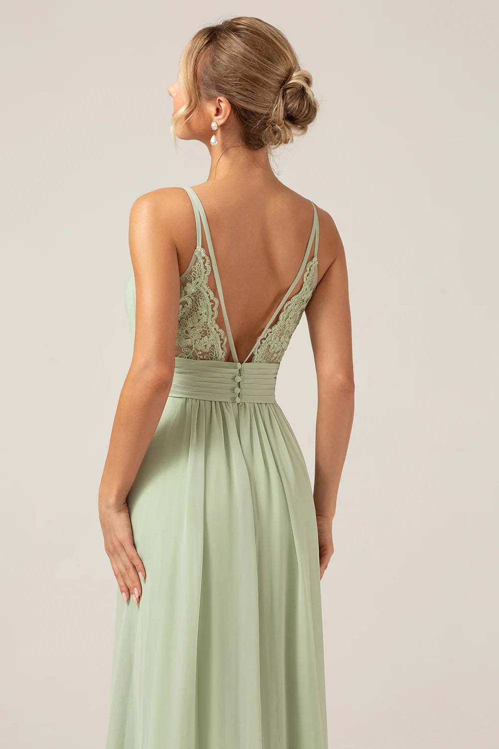 Dusty Sage A Line Spaghetti Straps Pleated Chiffon Maternity Bridesmaid Dress With Slit