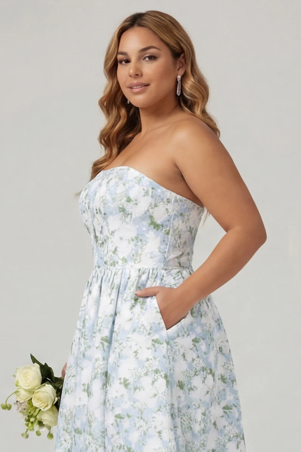 Strapless Blue White Floral Print A Line Long Satin Plus Size Bridesmaid Dress with Pockets