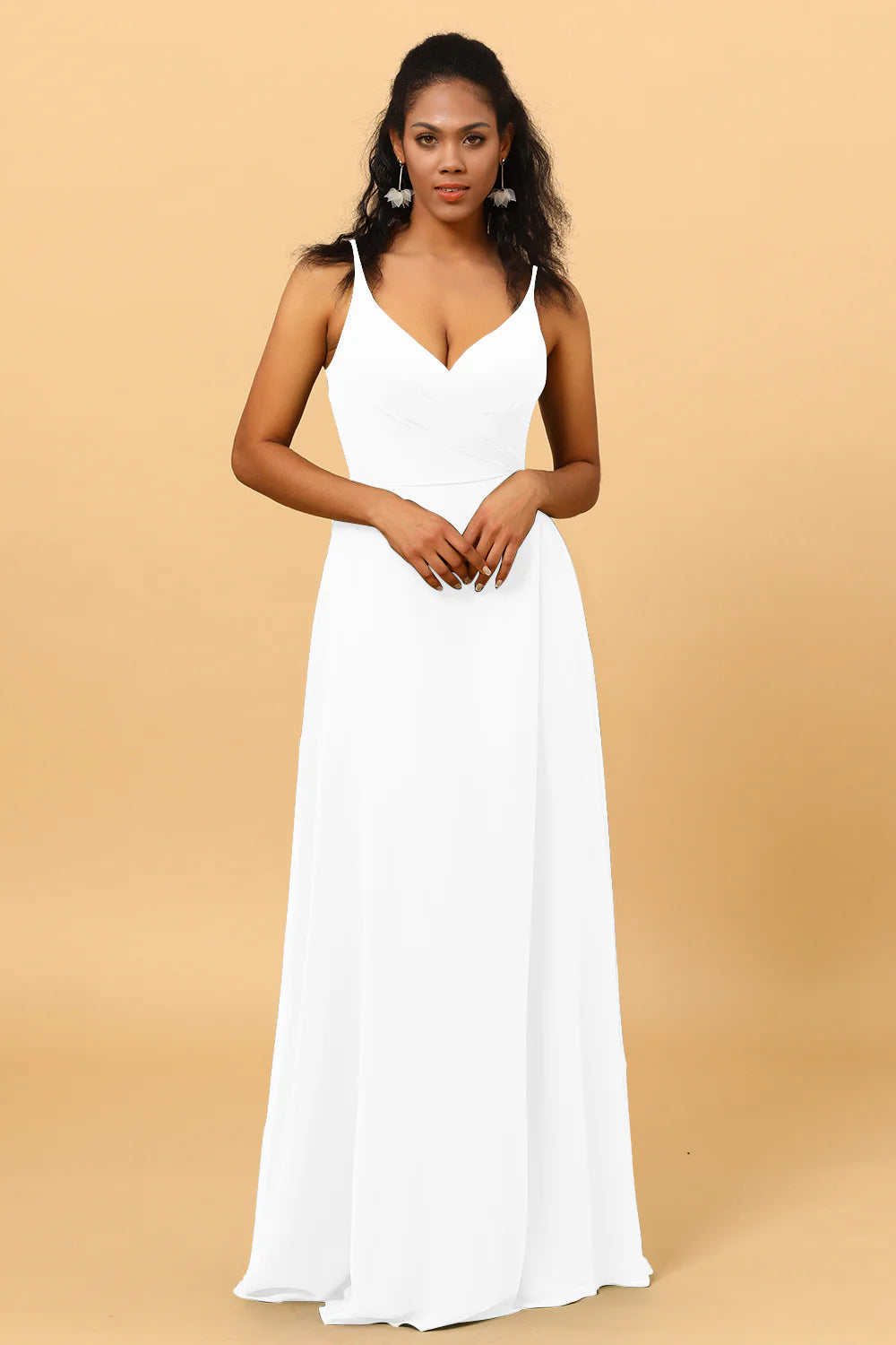 A Line V Neck Spaghetti Straps Floor Length Long Chiffon Bridesmaid Dress