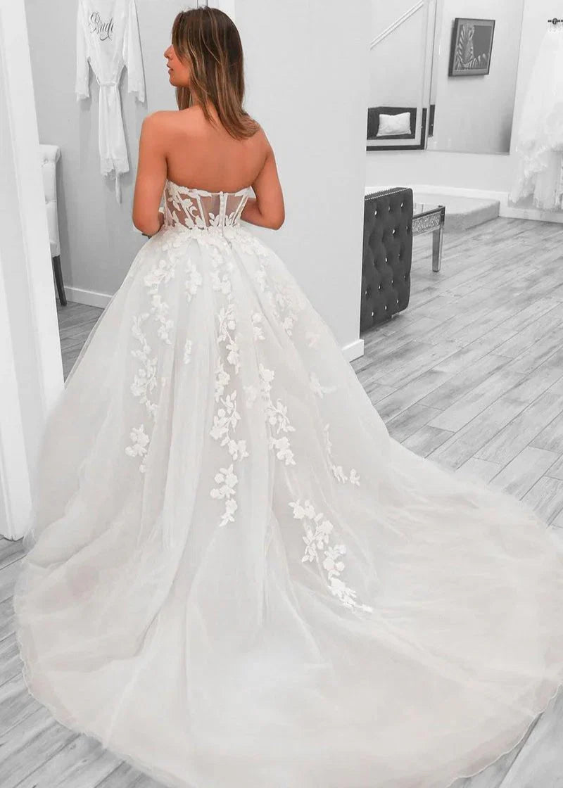 A Line Sweetheart Tulle Wedding Dresses With Slit