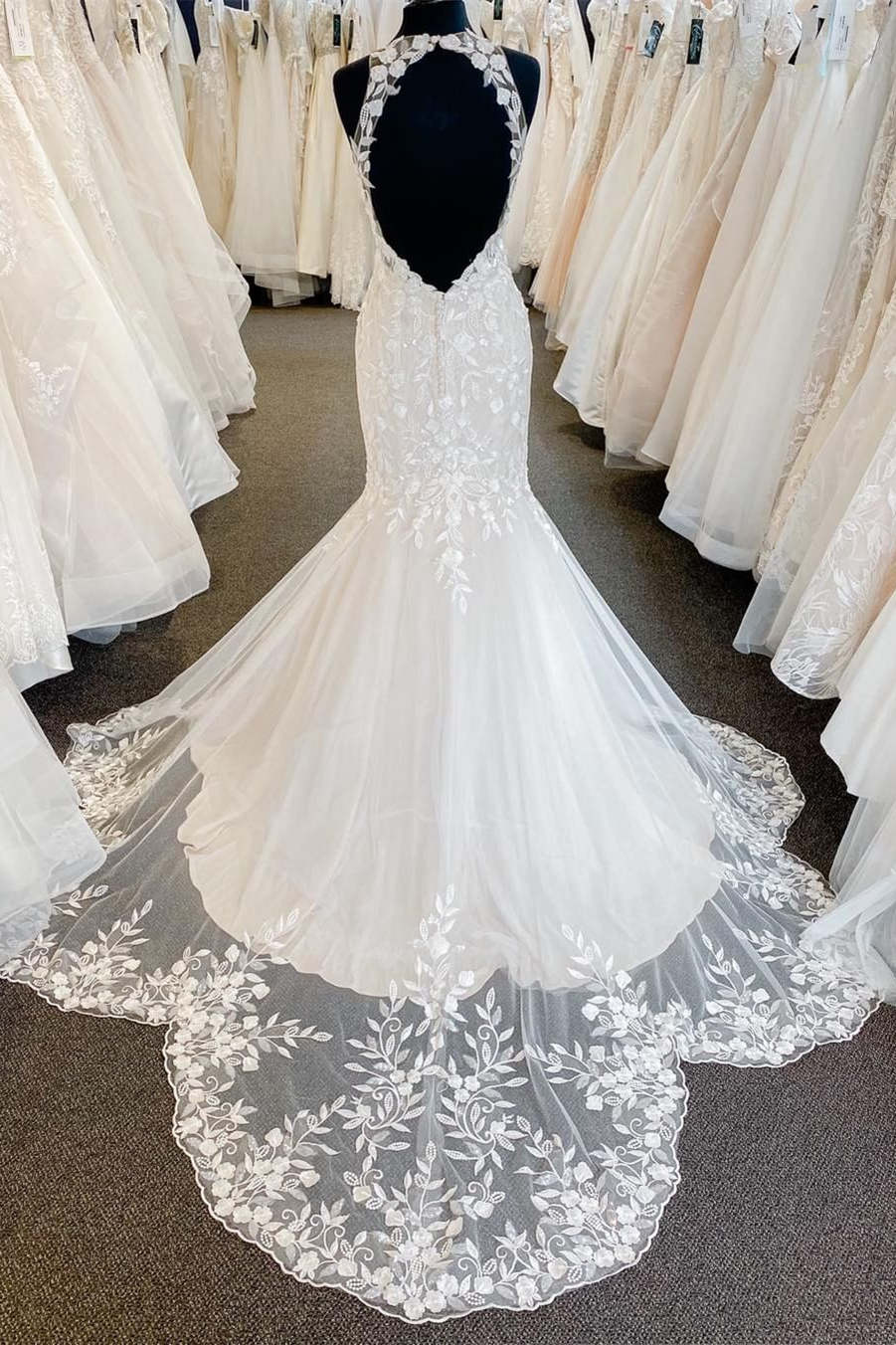 Halter Appliqued White Nude Mermaid Lace Wedding Dress