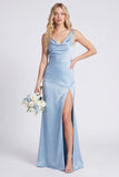 Satin Mermaid Eucalyptus Bridesmaid Dress with Slit