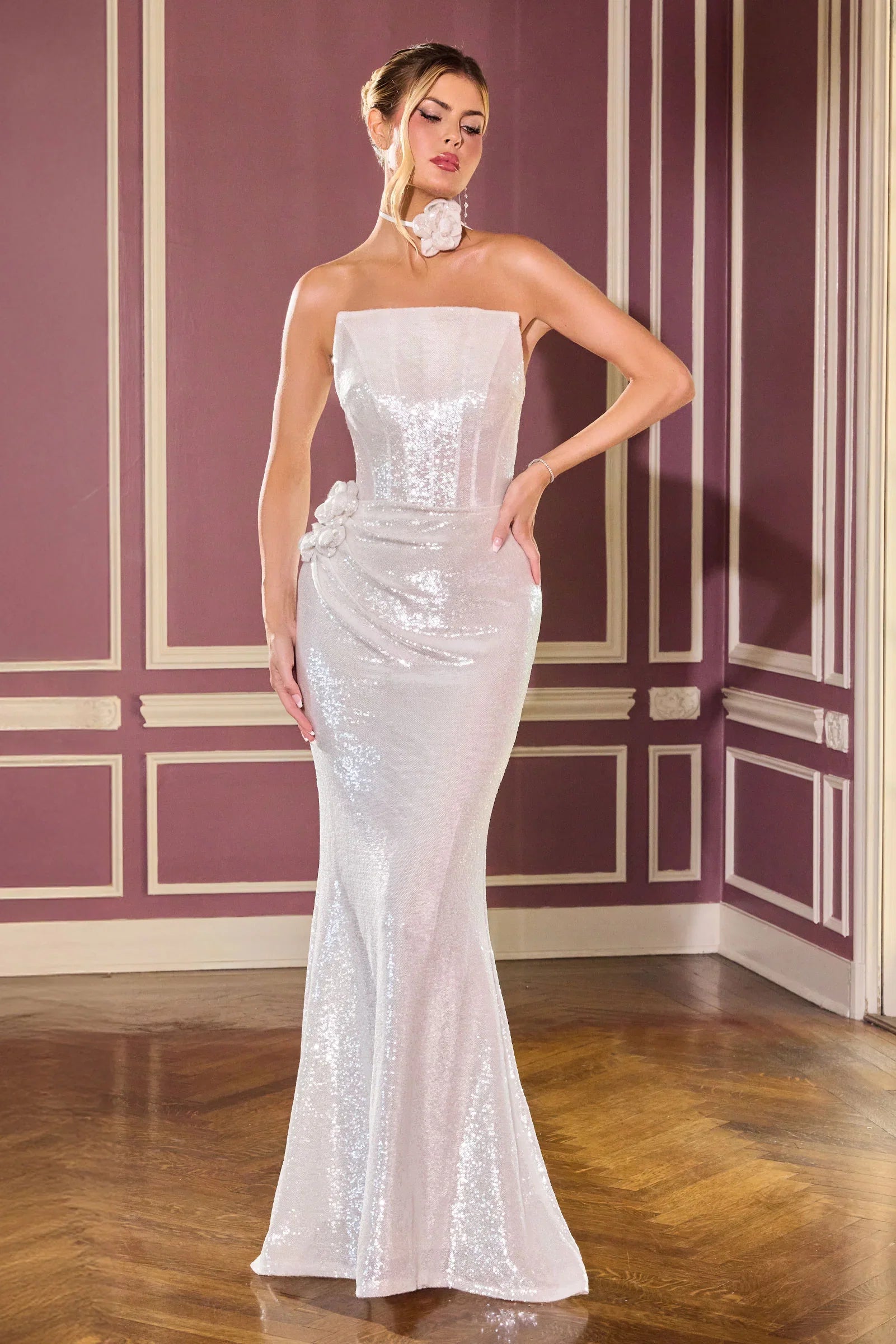 Vanya Gown Rosette Sequin Evening Dress Choker