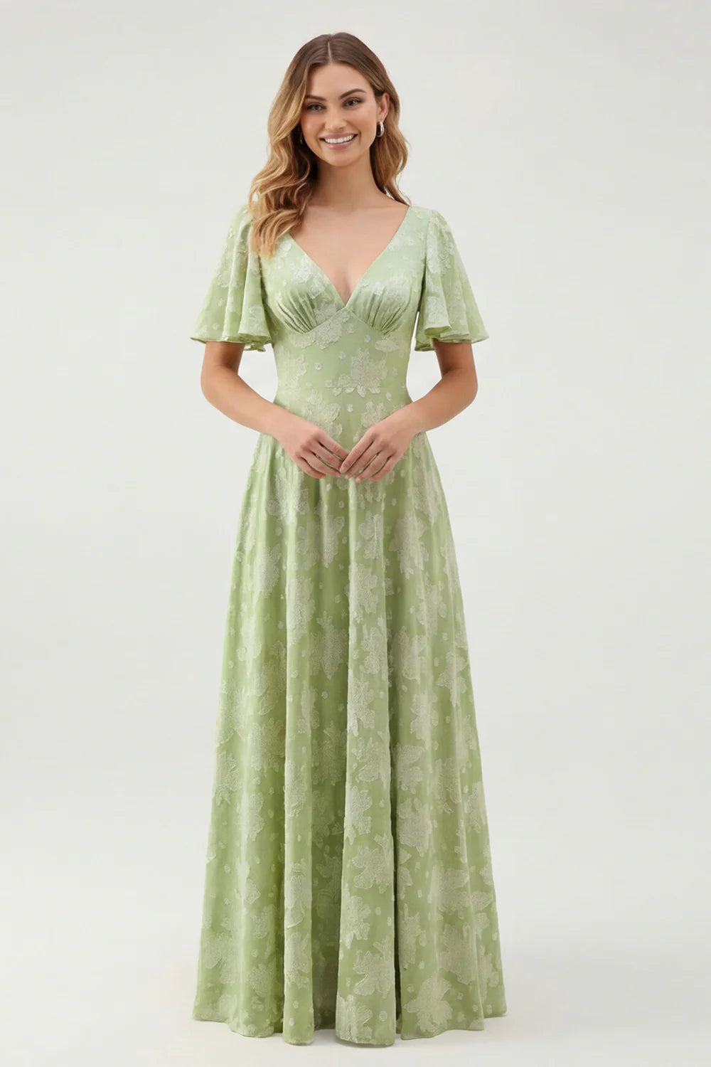 A Line Sage Green Floral Jacquard Flutter Sleeves Maxi Dress with Bow Back