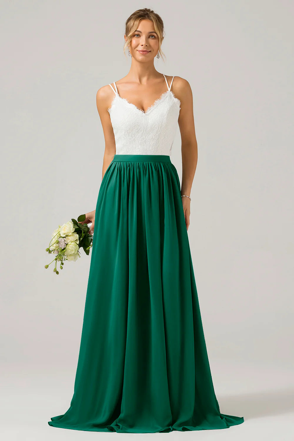 A Line Spaghetti Straps Pleated Long Bridesmaid Dress With Lace