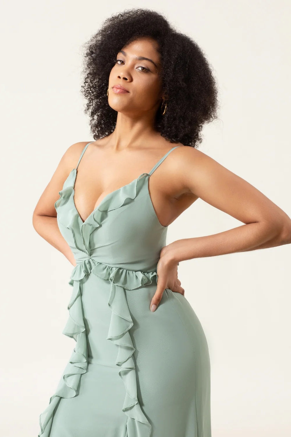 Matcha A Line Spaghetti Straps Chiffon Bridesmaid Dress With Ruffles