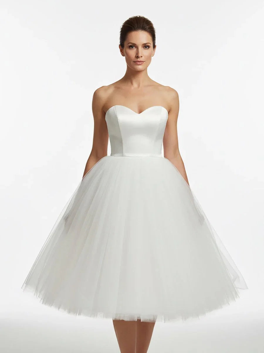 Sweetheart Empire Tea Length Tulle Wedding Dress With Lace Up Back