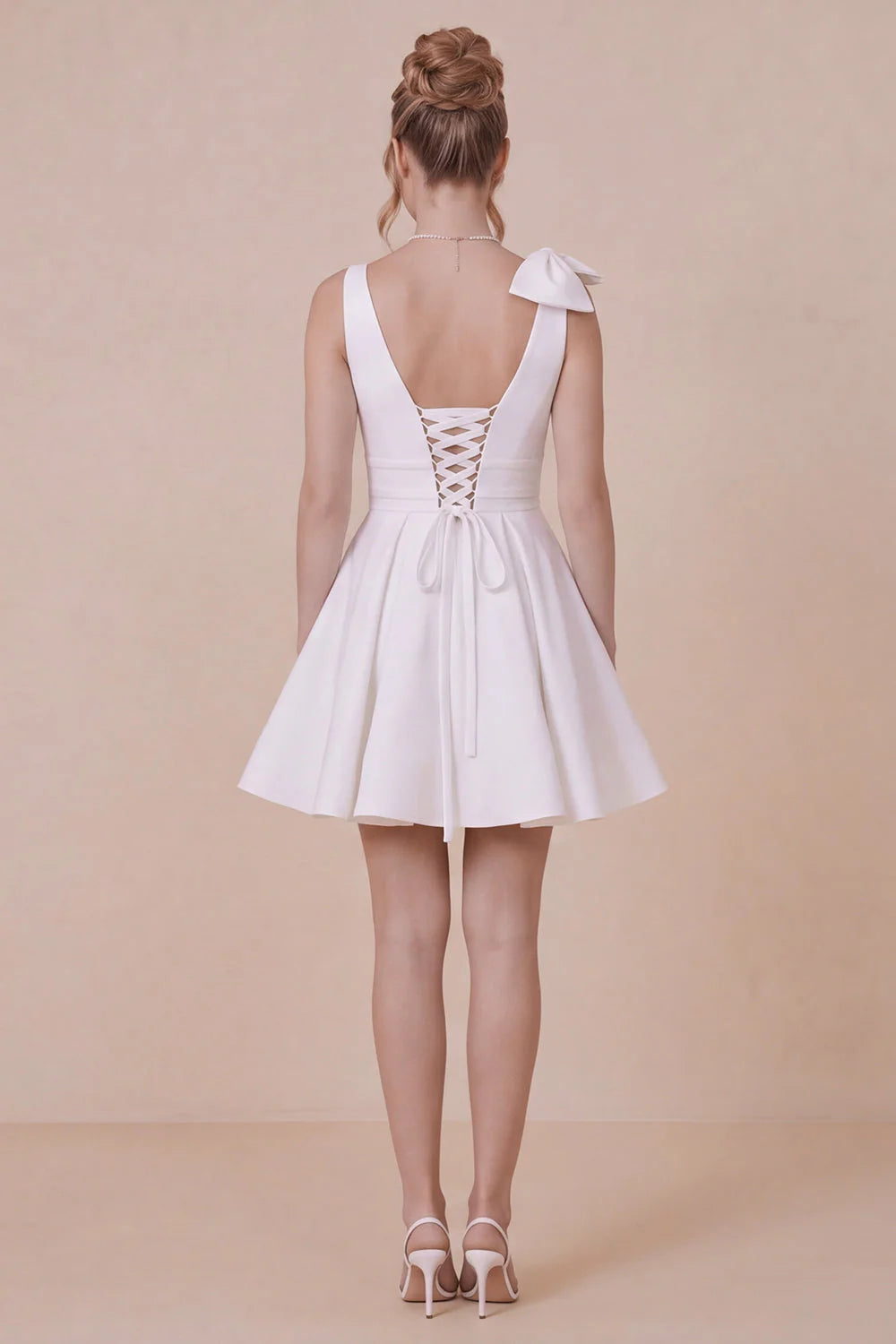 White A Line V Neck Graduation Dress with Bow