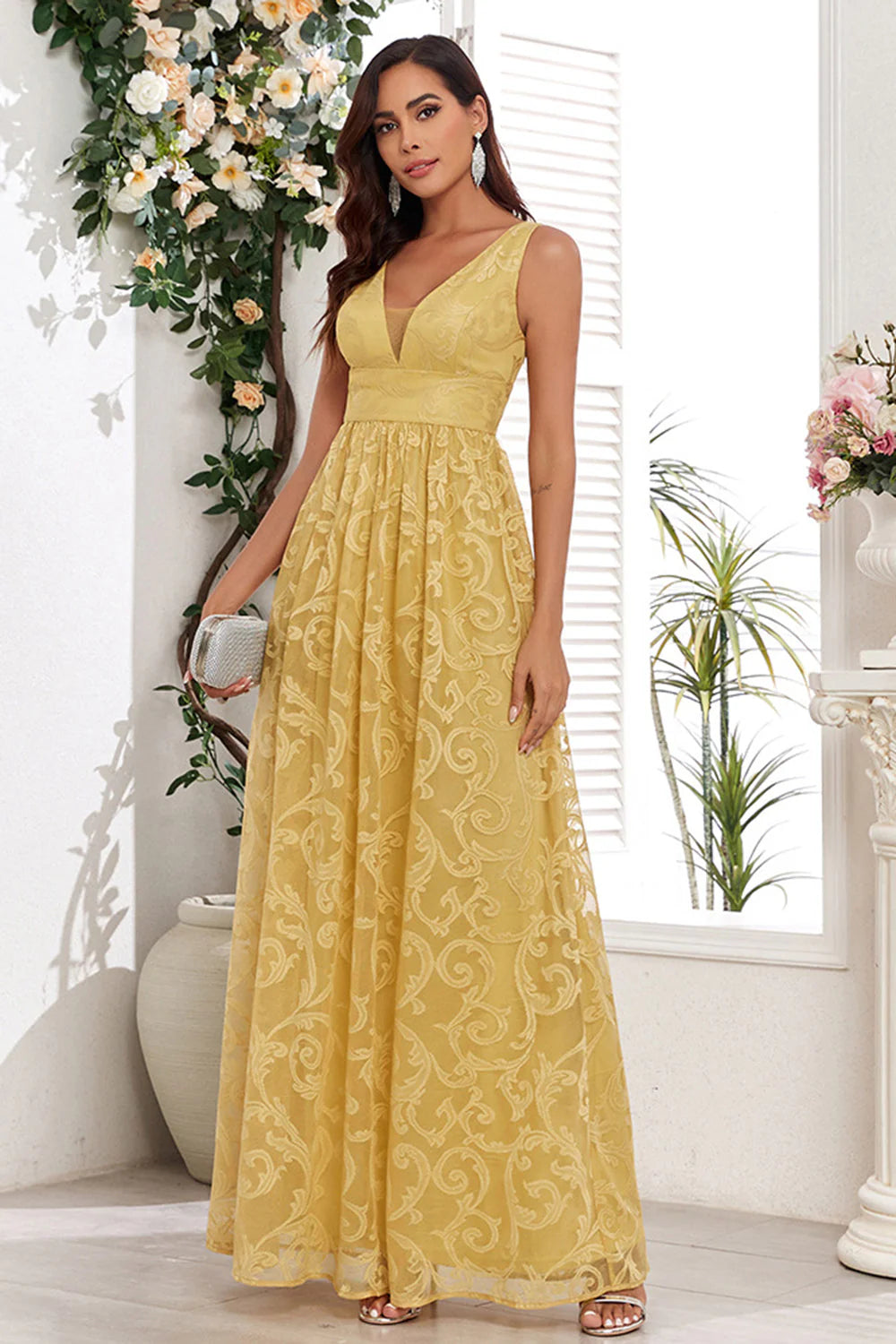 Yellow A Line V Neck Wedding Party Guest Dress With Appliques