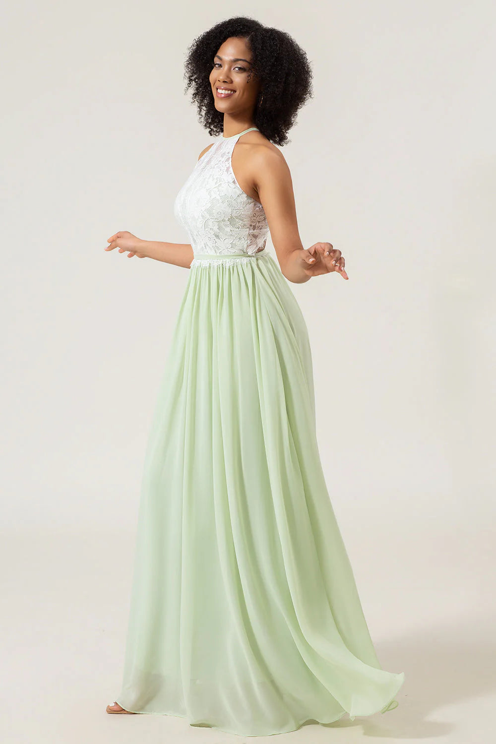 A Line Halter Neck Dusty Sage Lace and Chiffon Long Bridesmaid Dress