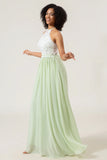A Line Halter Neck Dusty Sage Lace and Chiffon Long Bridesmaid Dress