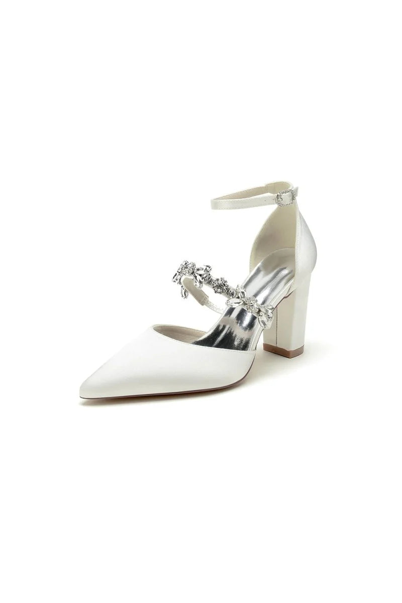 Satin Pointed Toe Rhinestone Strappy Chunky Heels