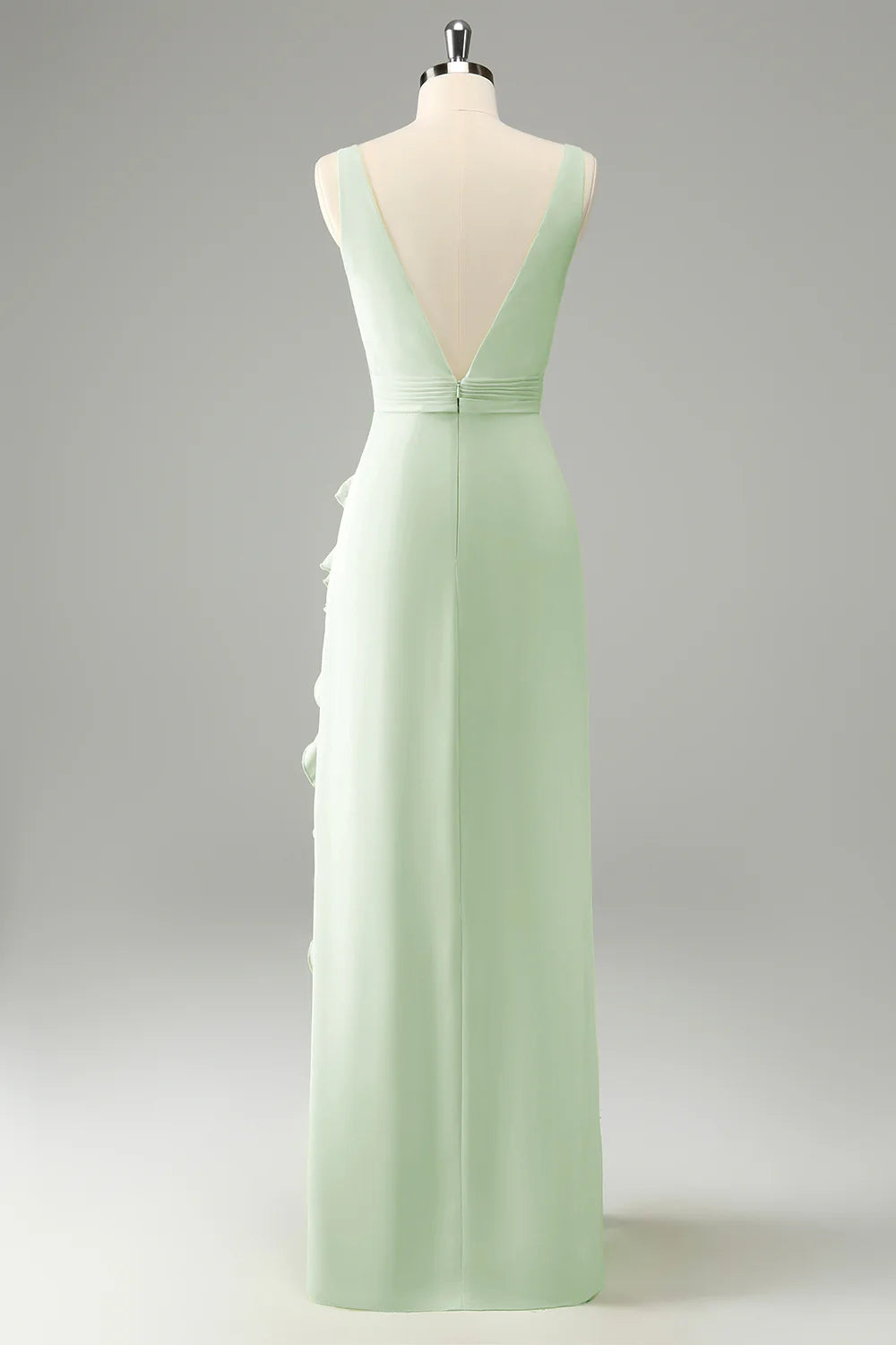 Lime A Line V Neck Floral Ruffle Open Back Bridesmaid Dress with Slit
