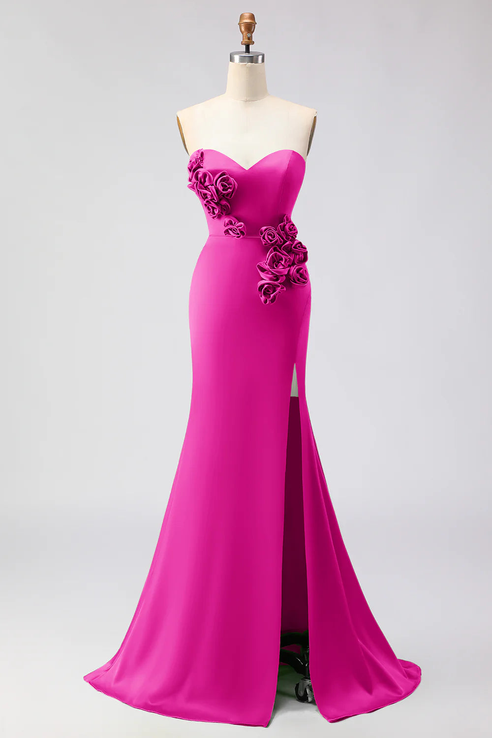 Green Strapless Mermaid 3D Flower Satin Long Prom Dress with Slit