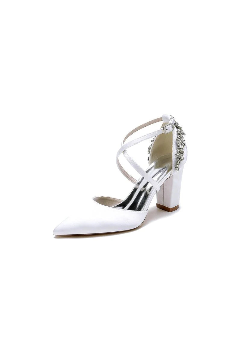 White Satin Pump with Cross Strap and Metal Accent