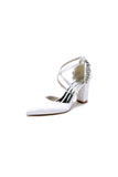 White Satin Pump with Cross Strap and Metal Accent
