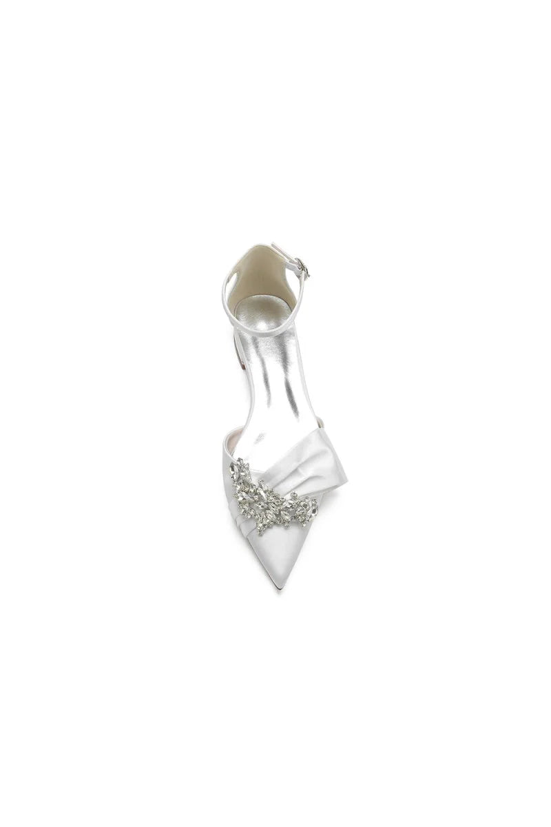 Satin Beaded Pointed Toe Ankle Strap Buckle Kitten Heels