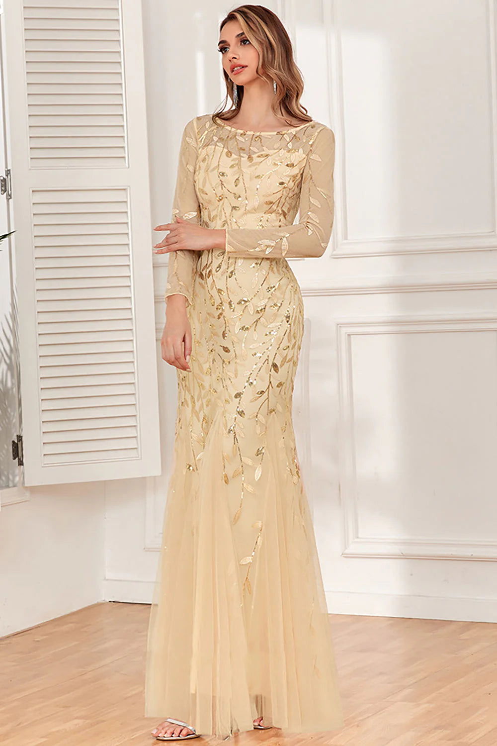 Dusty Rose Mermaid Boat Neck Evening Dress with Appliques