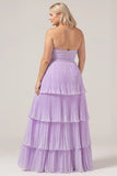A Line Sweetheart Tiered Floor Length Chiffon Plus Size Lilac Bridesmaid Dress