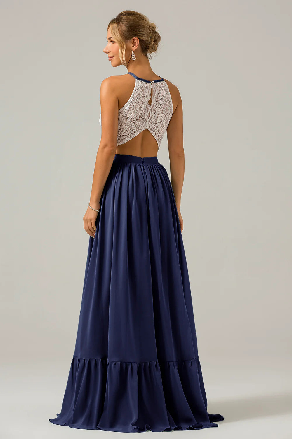 A Line Halter Pleated Keyhole Chiffon Bridesmaid Dress With Lace