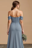 Twilight Off The Shoulder A Line Long Bridesmaid Dress with Slit