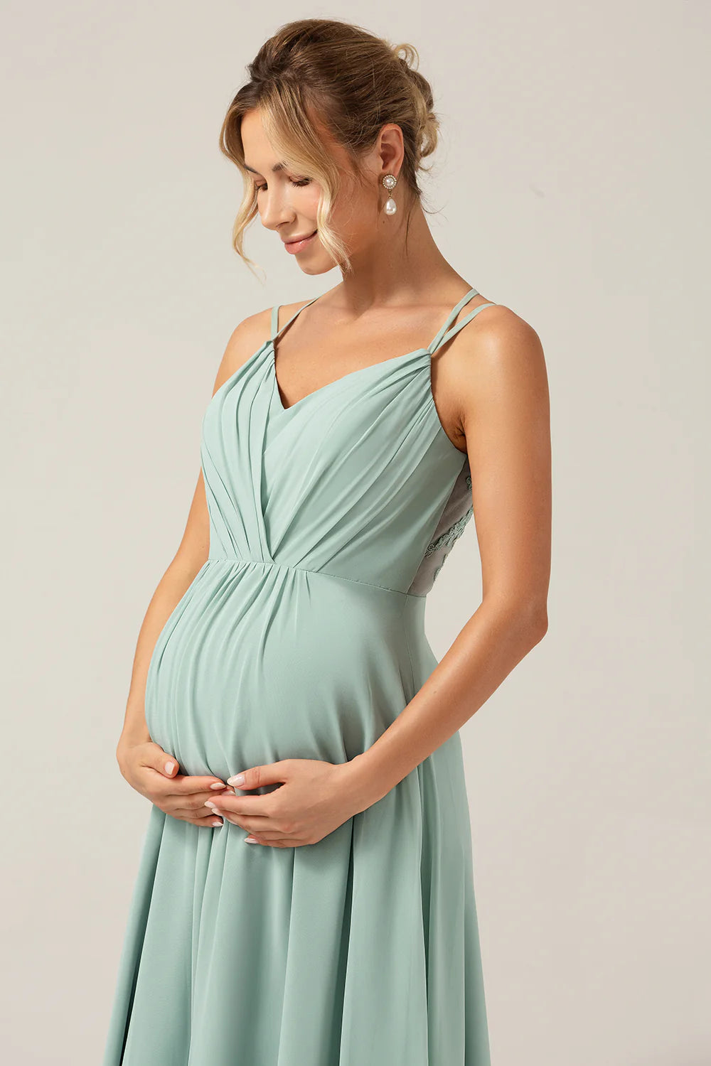 Matcha A Line Spaghetti Straps Chiffon Floor Length Bridesmaid Dress with Pleated