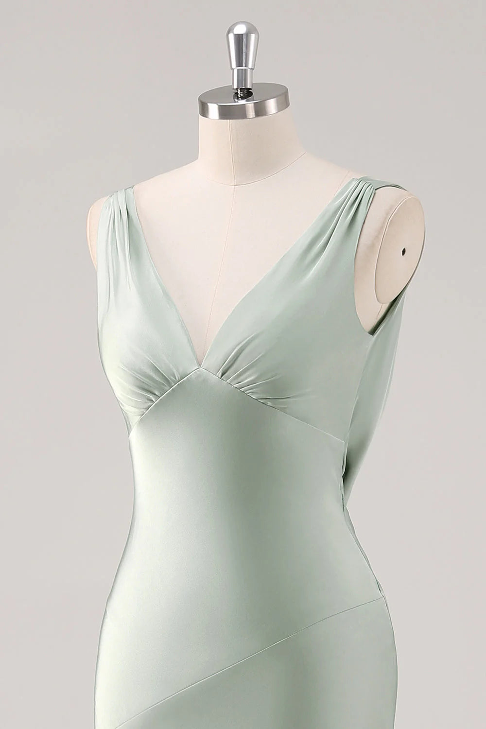 Sage Green Sheath V Neck Backless Satin Bridesmaid Dress