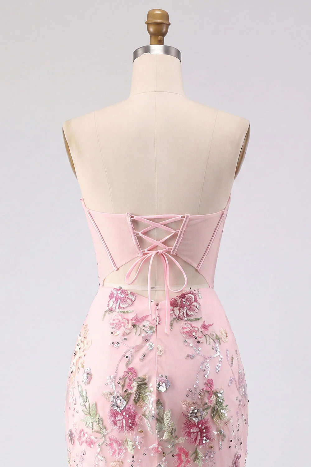 Floral Pink Sequin Corset Bodycon Strapless Homecoming Dress