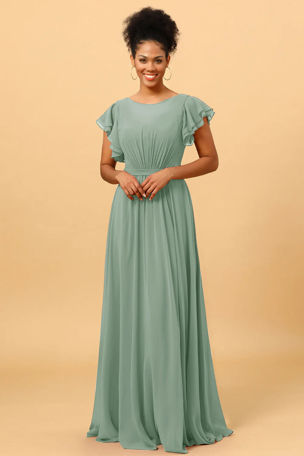 A Line Bateau Neck Ruched Long Chiffon Bridesmaid Dress with Ruffles