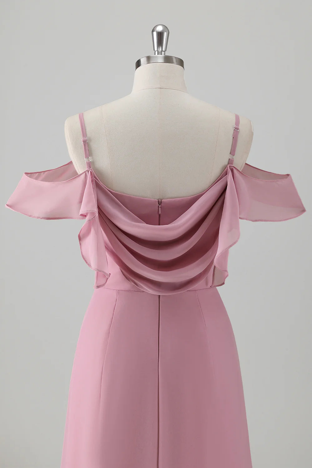 Pink A Line Cold Shoulder Ruched Long Bridesmaid Dress with Slit