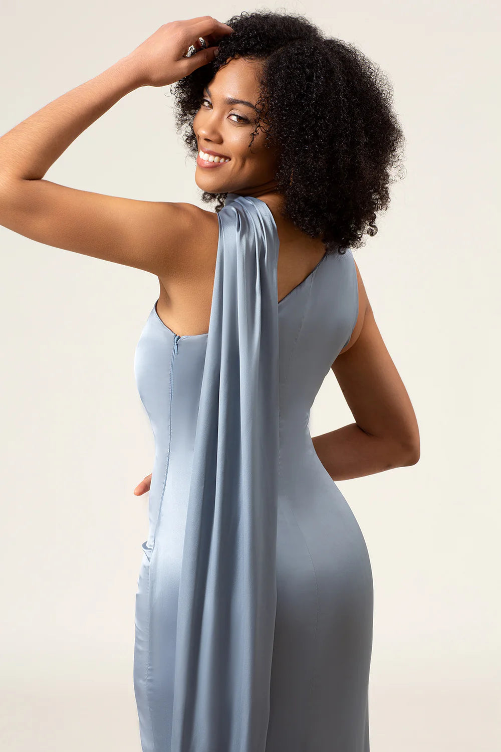 Dusty Blue Sheath One Shoulder Long Satin Bridesmaid Dress