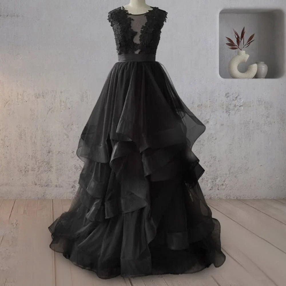 Vintage A Line Black Tulle Wedding Dress with Ruffles