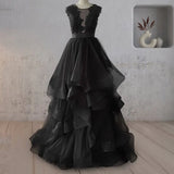 Vintage A Line Black Tulle Wedding Dress with Ruffles
