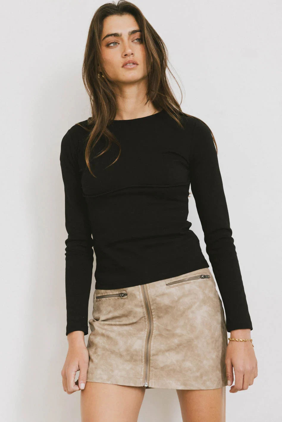 Quinlen Vegan Leather Mini Skirt in Tan FINAL SALE