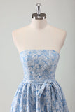 Blue A Line Strapless Ruffled Maxi Dress with Belt