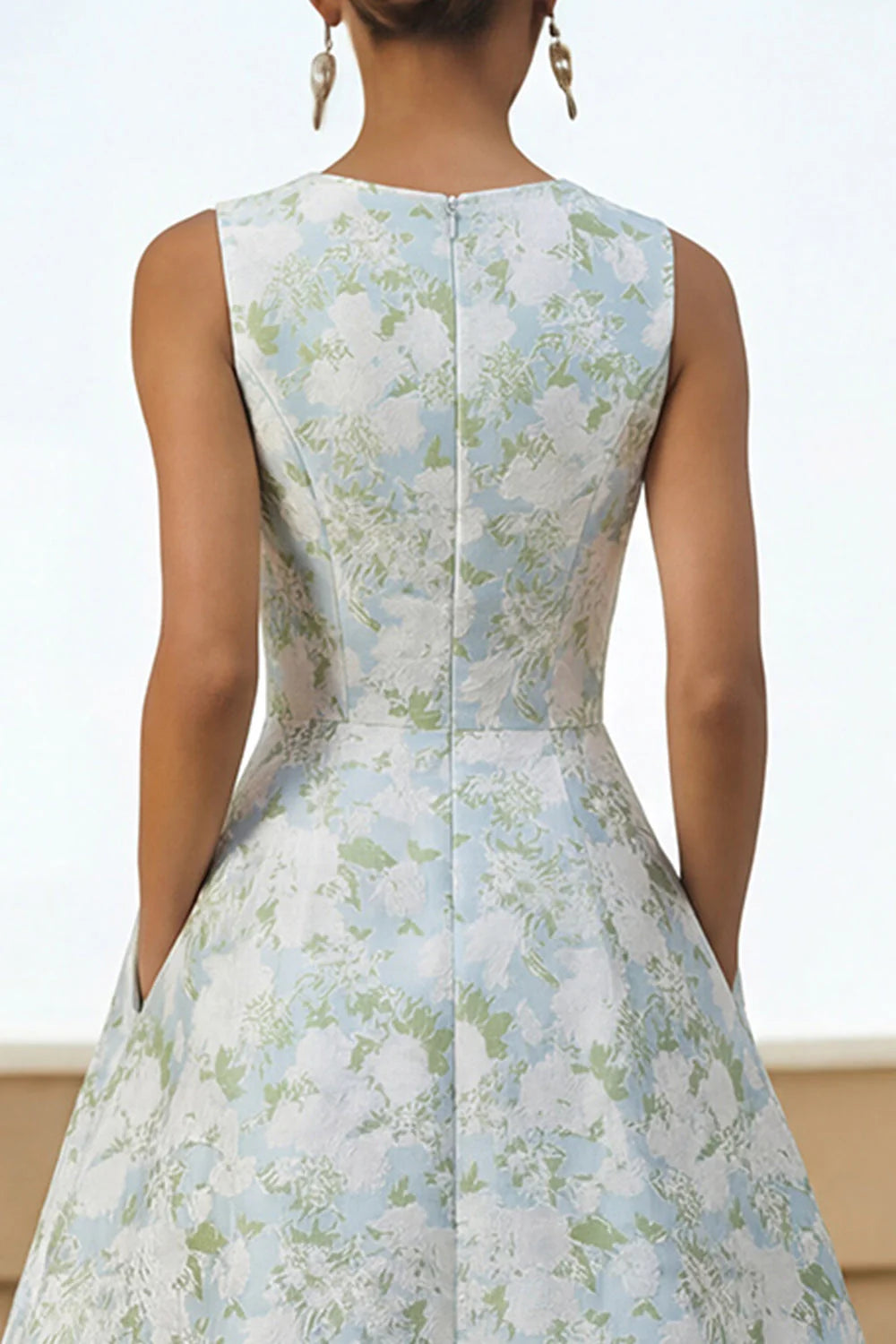 Blue Floral A Line Midi Wedding Guest Dress with Pockets