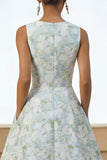Blue Floral A Line Midi Wedding Guest Dress with Pockets