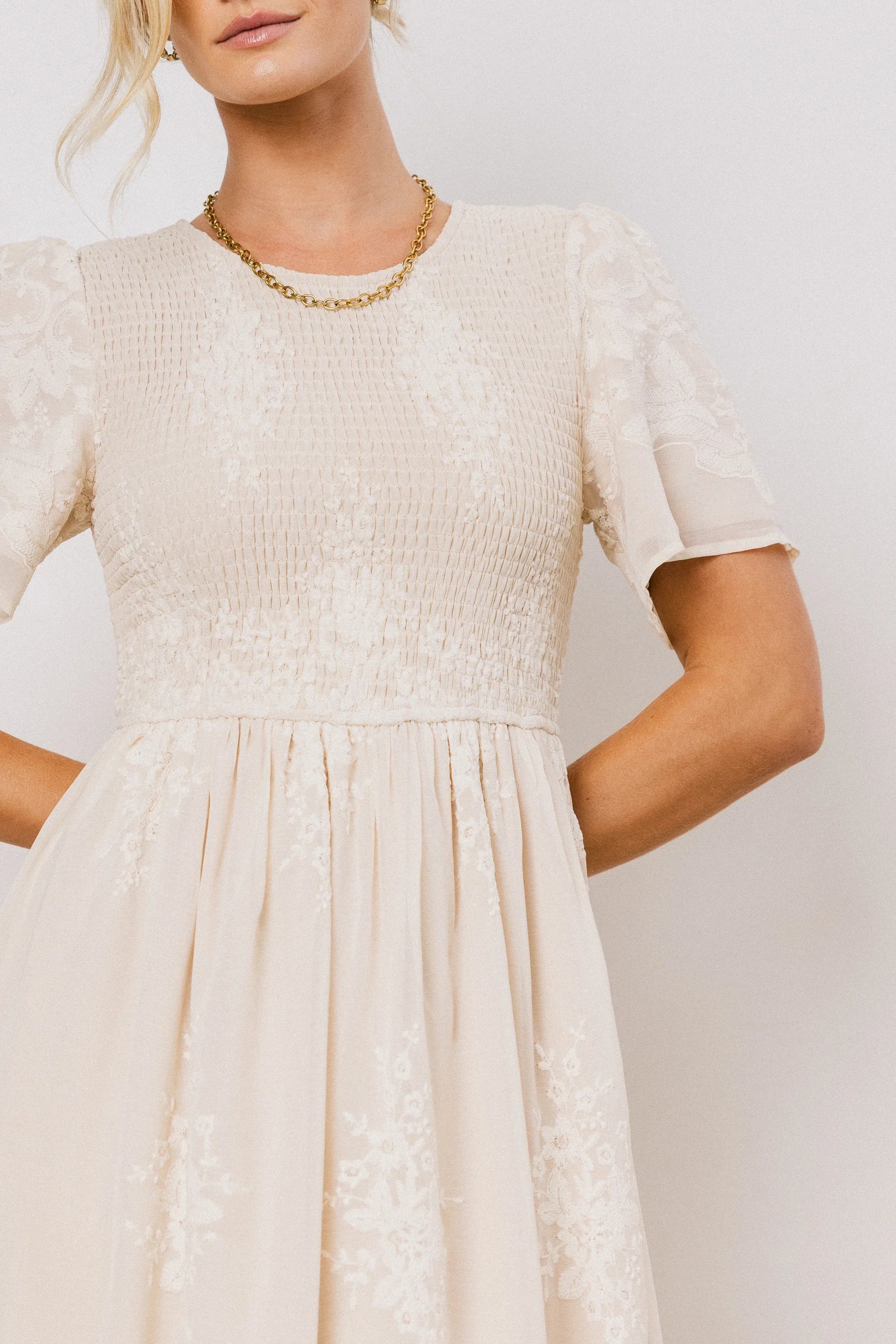 Alora Embroidered Dress in Champagne FINAL SALE