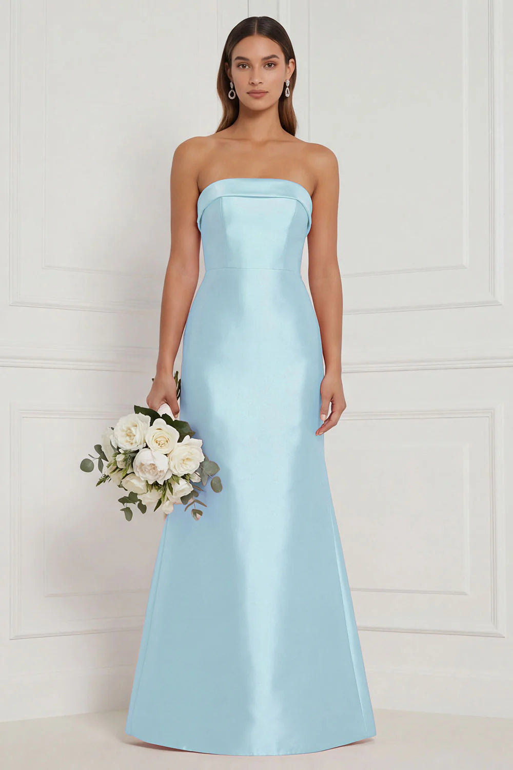 Strapless Mermaid Dusty Rose Satin Long Bridesmaid Dress