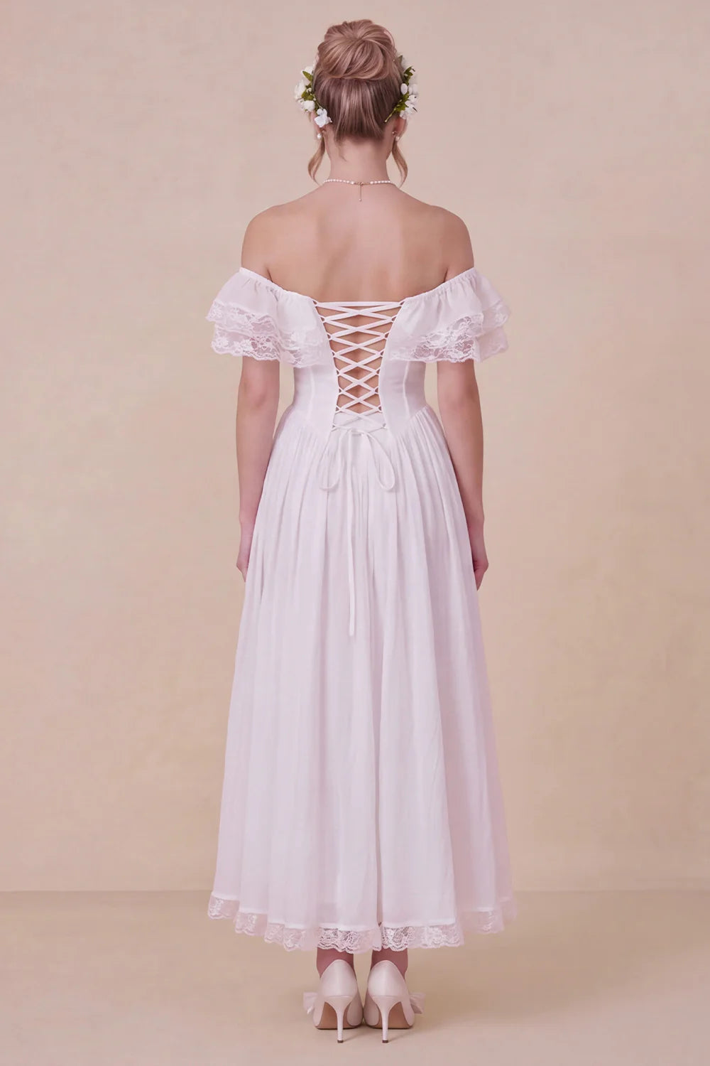 Off the Shoulder Corset White Ruffled Engagement Dress