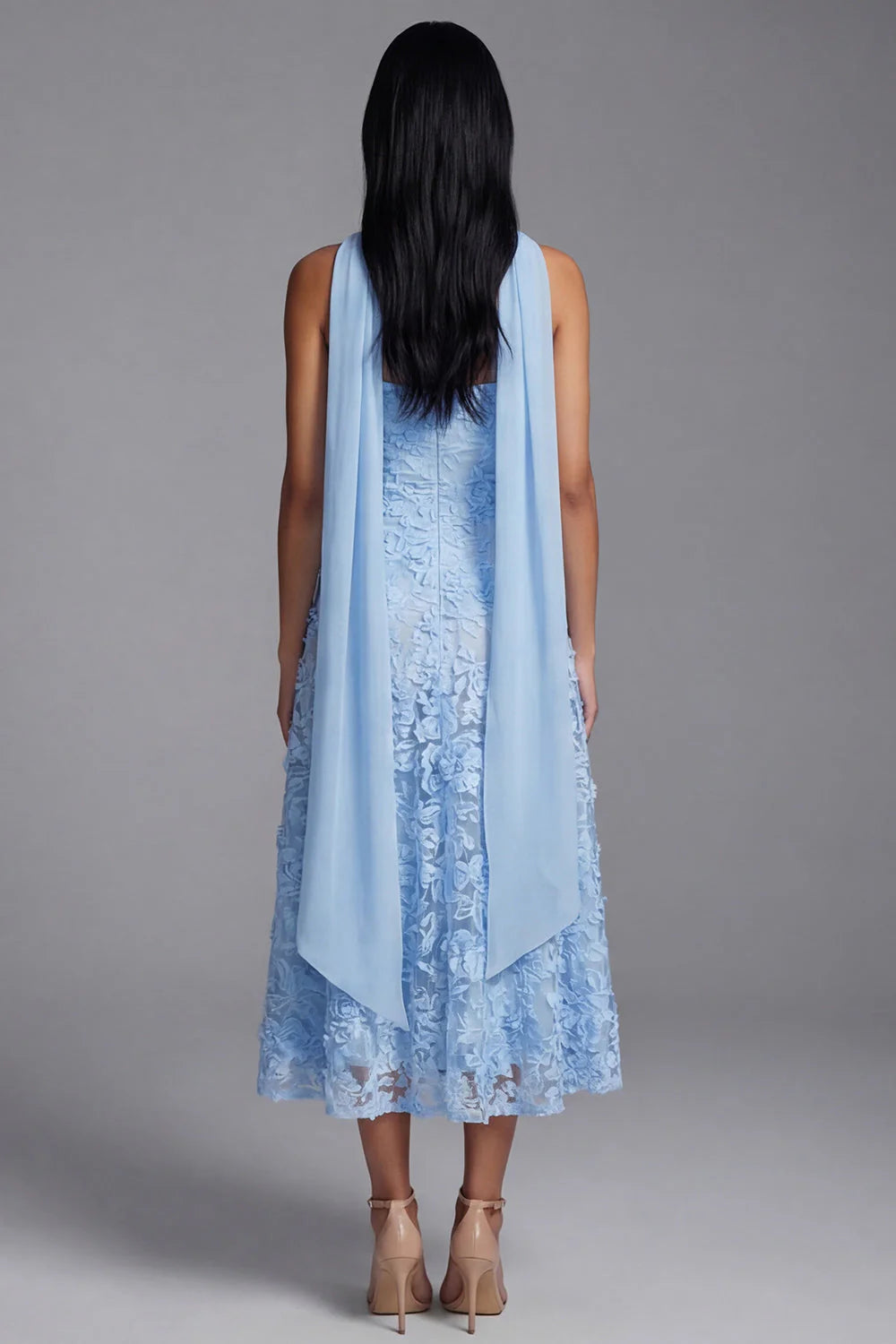 Strapless Blue Appliqued A Line Midi Wedding Guest Dress