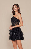 CHRISTIE MINI DRESS BLACK ONE SHOULDER TIERED SHORT DRESS